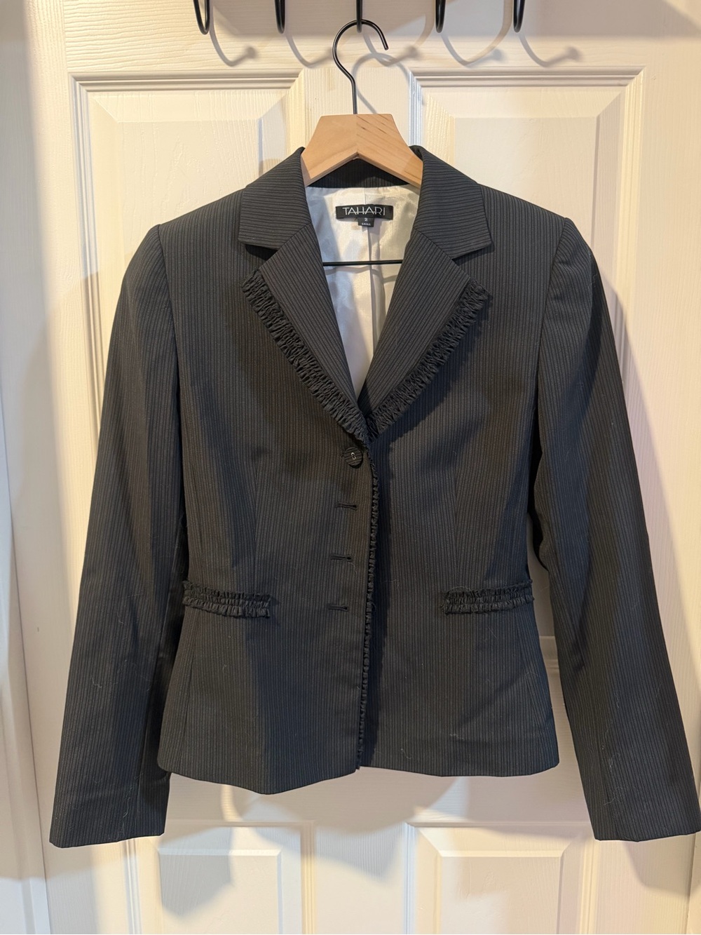 Tahari Charcoal Pinstripe Blazer with Fringe Trim